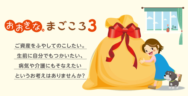 おおきな、まごころ3 ご資産をふやしてのこしたい。生前に自分でもつかいたい、病気や介護にもそなえたいというお考えはありませんか？